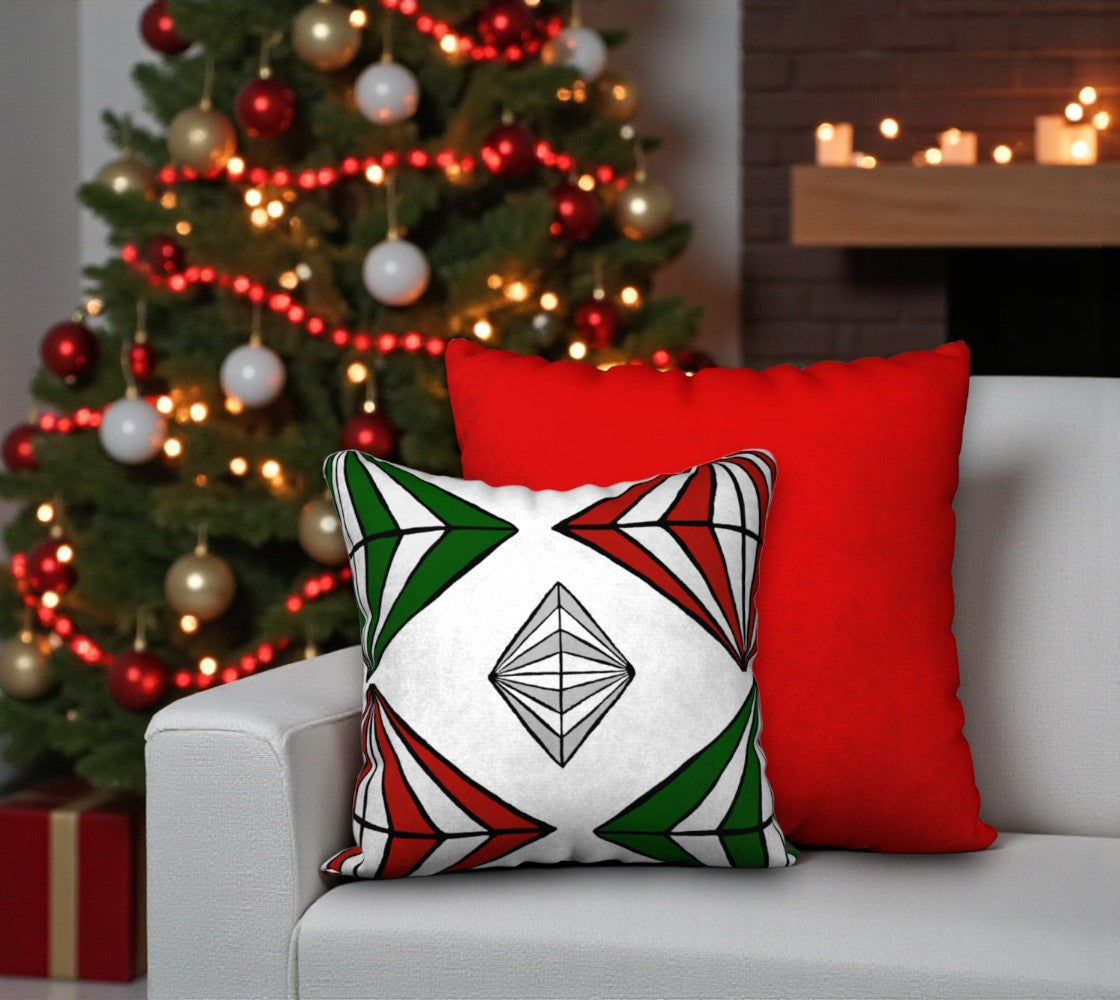 Decorative pillows on a couch with a Christmas tree in the background
