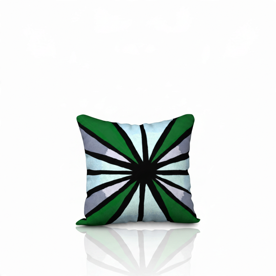Metamorphosis Vision Standard decorative pillowcase by HD Decor, featuring original hand-drawn abstract artwork with a bold black center, layered greens, silver tones, and soft gradients.