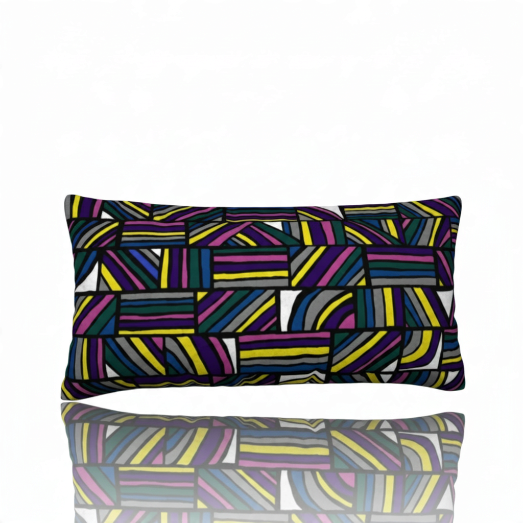 HD Decor square decorative pillow featuring a vibrant, hand-drawn geometric pattern with colorful abstract lines.