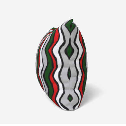 Decorative pillow with wavy pattern in green, red, and white on a white background