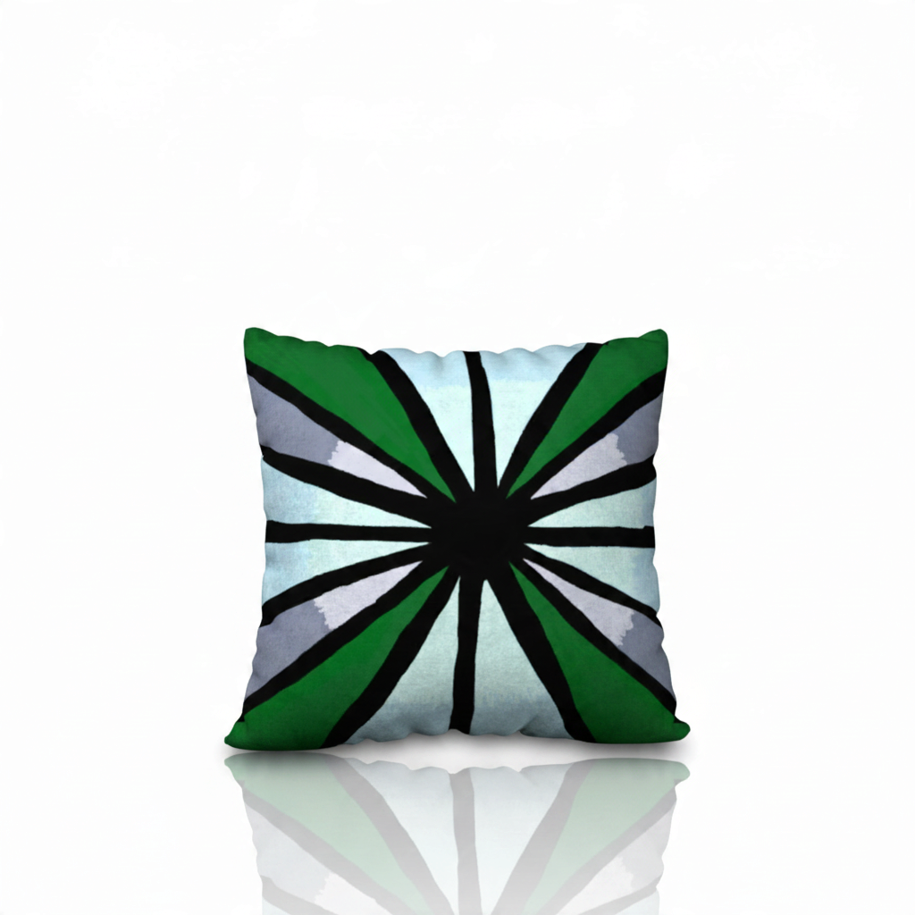 Metamorphosis Vision Big Square oversized decorative pillowcase by HD Decor, featuring original hand-drawn abstract artwork with a bold black center, layered greens, silver tones, and soft gradients.