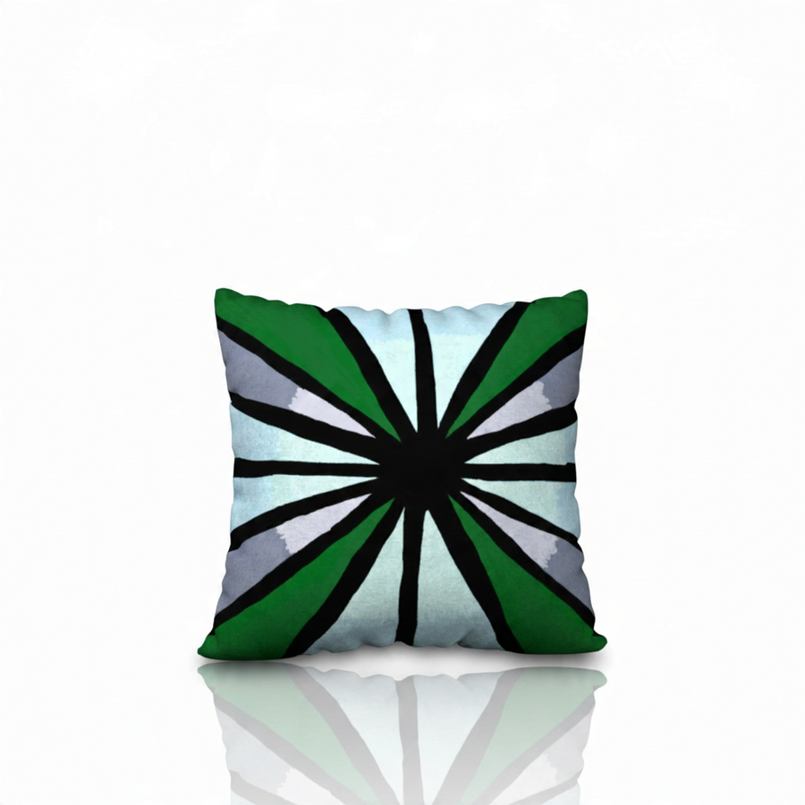 Metamorphosis Vision Big Square oversized decorative pillowcase by HD Decor, featuring original hand-drawn abstract artwork with a bold black center, layered greens, silver tones, and soft gradients.