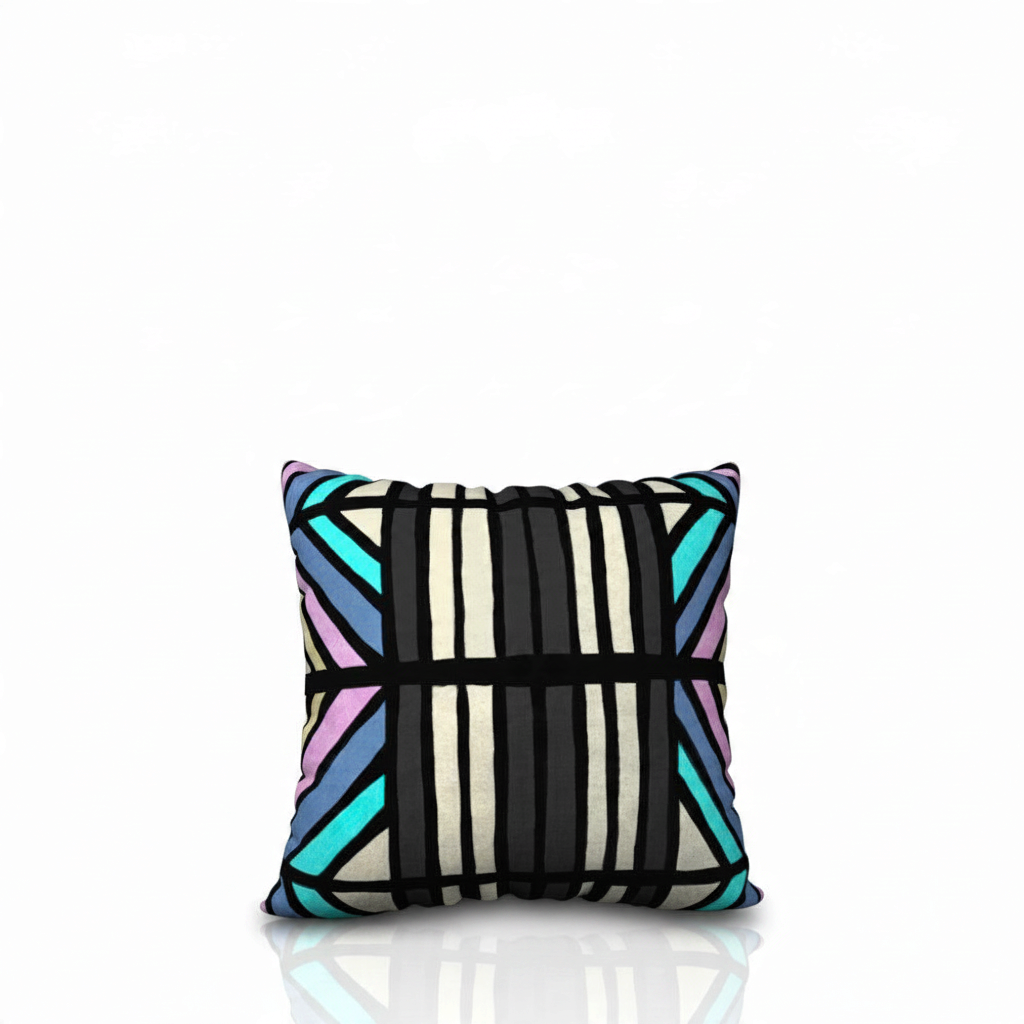 Show Me a Good Time Big Square decorative pillowcase by HD Decor, featuring original hand-drawn geometric artwork in turquoise, lavender, blue, and cream with bold black lines.