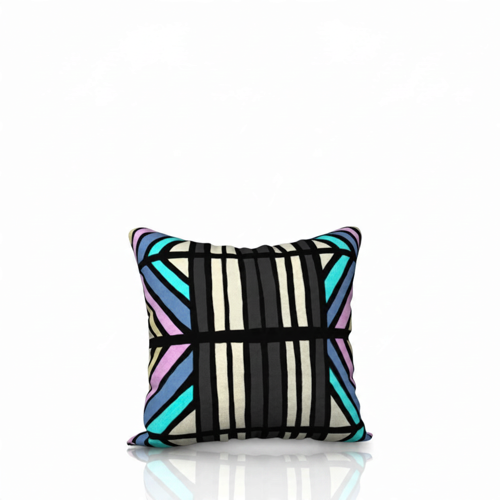 Show Me a Good Time Standard decorative pillowcase by HD Decor, featuring an original hand-drawn abstract pattern with turquoise, lavender, blue, cream, and bold black lines.