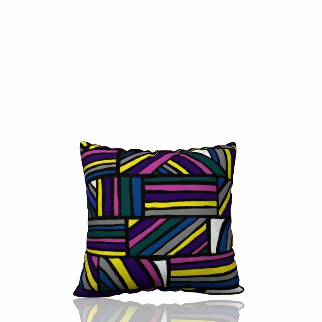 HD Decor square decorative pillow featuring a vibrant, hand-drawn geometric pattern with colorful abstract lines.
