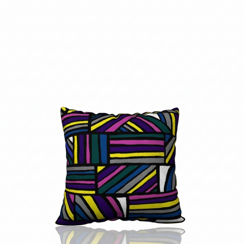 HD Decor square decorative pillow featuring a vibrant, hand-drawn geometric pattern with colorful abstract lines.