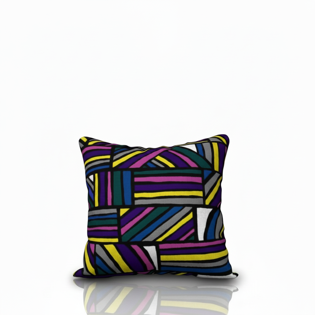 HD Decor Good Vibes standard decorative pillowcase featuring a vibrant geometric pattern in purple, yellow, and blue.