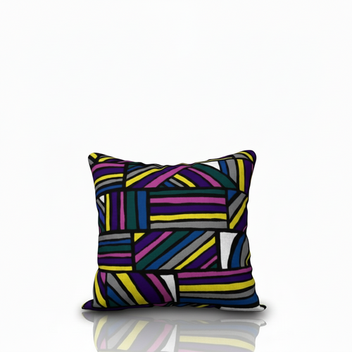 HD Decor Good Vibes standard decorative pillowcase featuring a vibrant geometric pattern in purple, yellow, and blue.