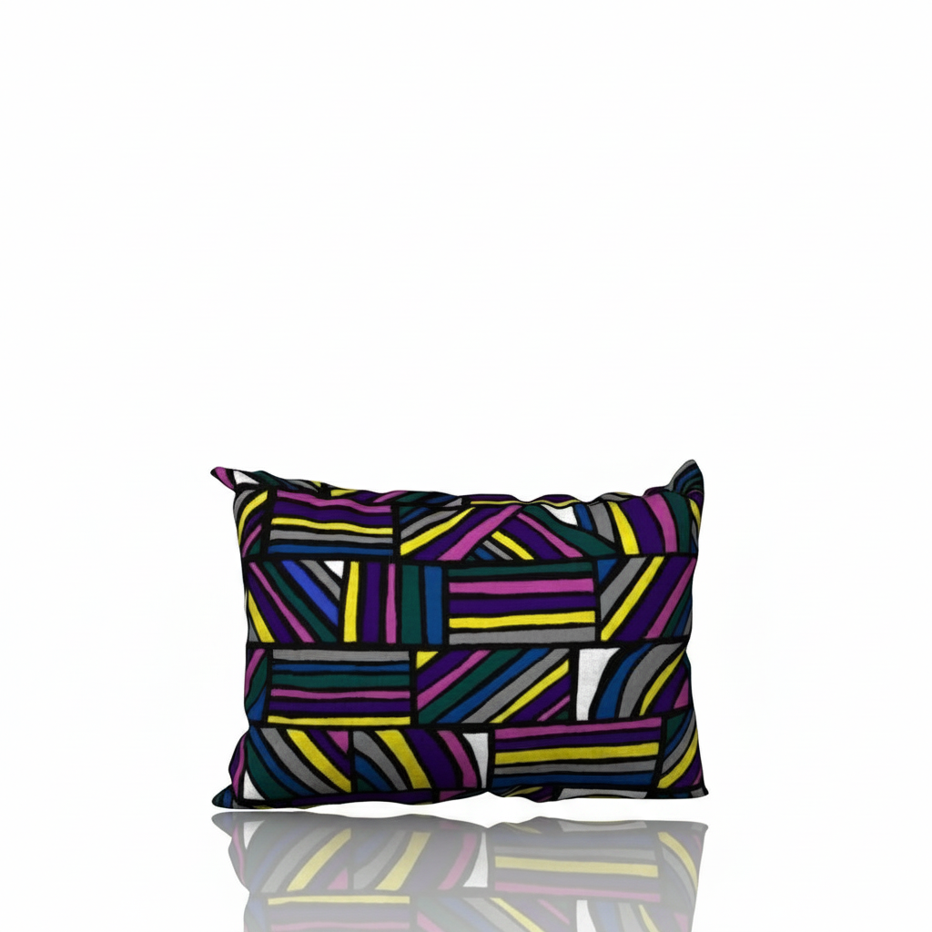 HD Decor Good Vibes JR decorative pillowcase featuring a vibrant geometric pattern in purple, yellow, and teal.